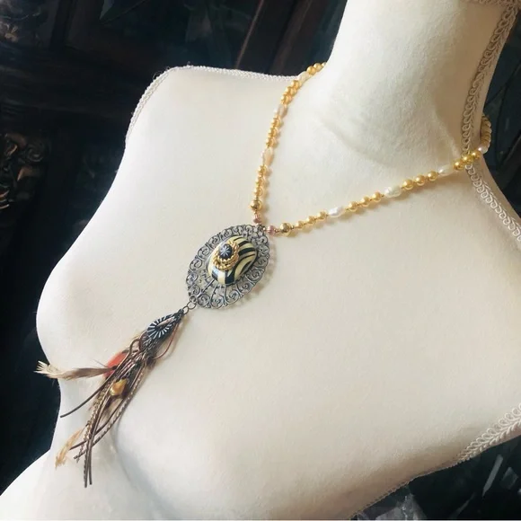 Handcrafted repurpose freshwater pearl feather claw Czech glass Pearl necklace